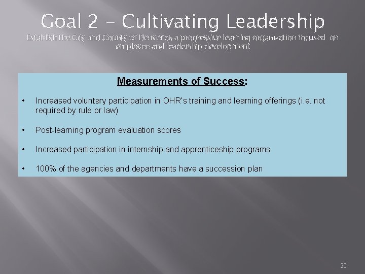 Goal 2 - Cultivating Leadership Establish the City and County of Denver as a