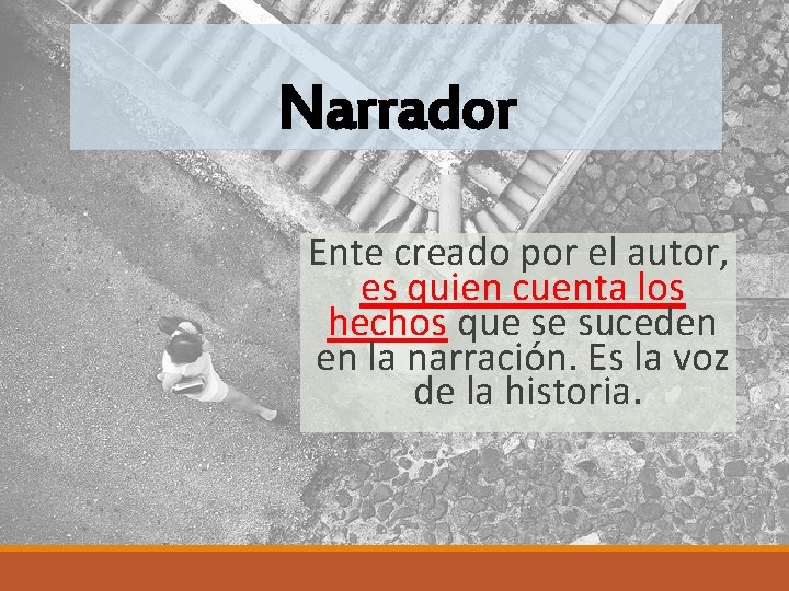 Narrador Ente creado por el autor, es quien cuenta los hechos que se suceden