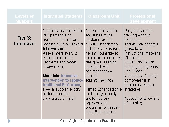 Levels of Support Tier 3: Intensive Individual Students Classroom Unit Students test below the