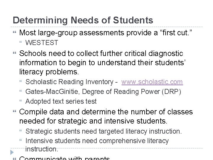 Determining Needs of Students Most large-group assessments provide a “first cut. ” Schools need