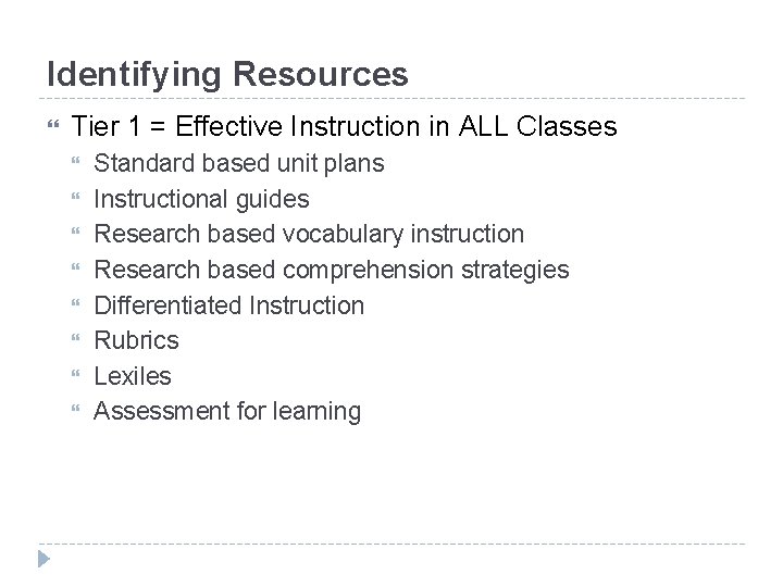 Identifying Resources Tier 1 = Effective Instruction in ALL Classes Standard based unit plans