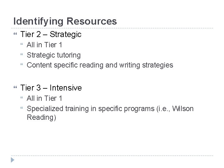 Identifying Resources Tier 2 – Strategic All in Tier 1 Strategic tutoring Content specific