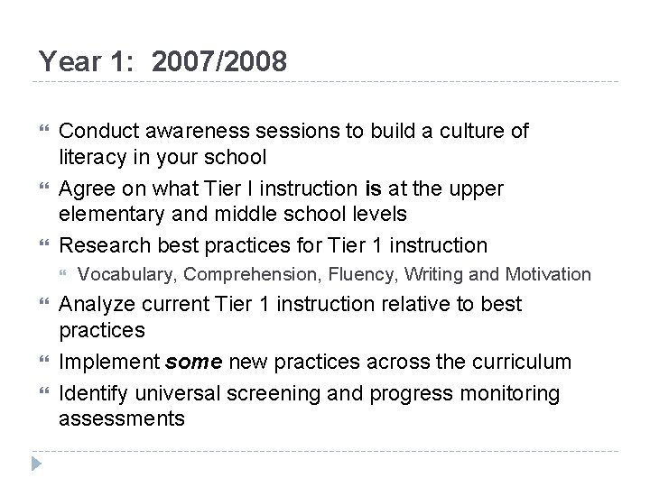 Year 1: 2007/2008 Conduct awareness sessions to build a culture of literacy in your