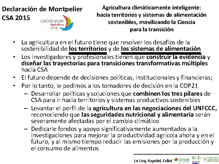 Declaración de Montpelier CSA 2015 Agricultura climáticamente inteligente: hacia territorios y sistemas de alimentación