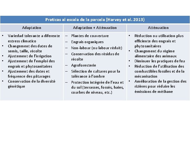 Praticas al escala de la parcela (Harvey et al. 2013) Adaptation • • • Praticas al escala de la parcela (Harvey et al. 2013) Adaptation • • •
