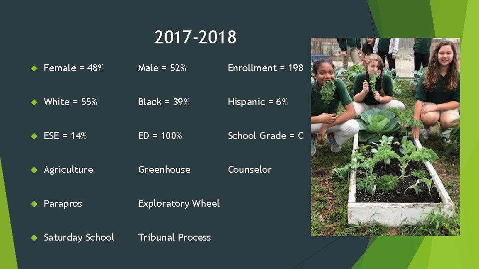 2017 -2018 Female = 48% Male = 52% Enrollment = 198 White = 55%