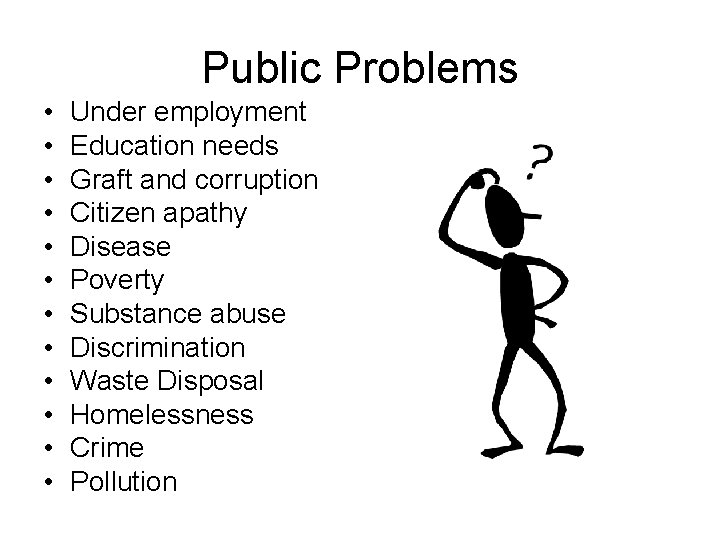 Public Problems • • • Under employment Education needs Graft and corruption Citizen apathy