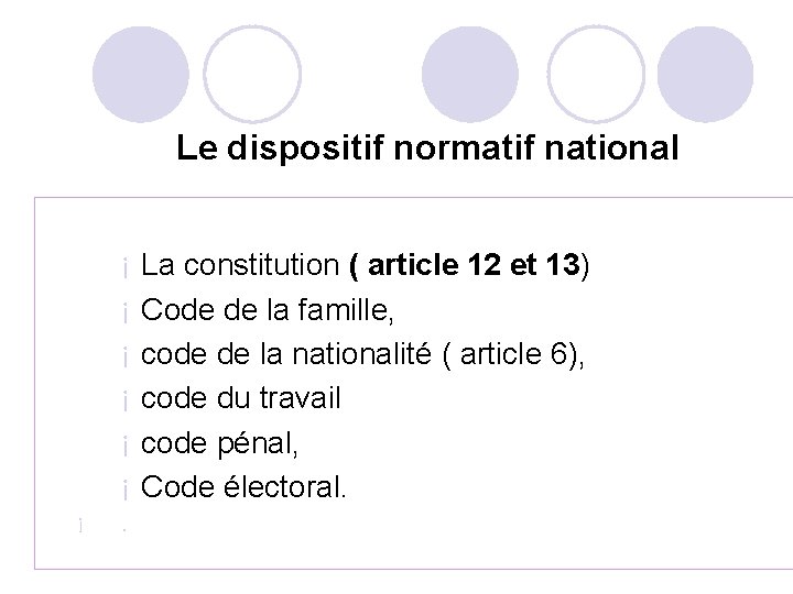 Le dispositif normatif national ¡ ¡ ¡ ¡ La constitution ( article 12 et