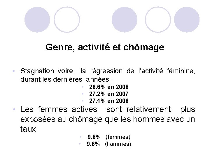 Genre, activité et chômage • Stagnation voire la régression de l’activité féminine, durant les