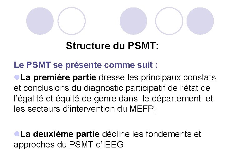Structure du PSMT: Le PSMT se présente comme suit : l. La première partie