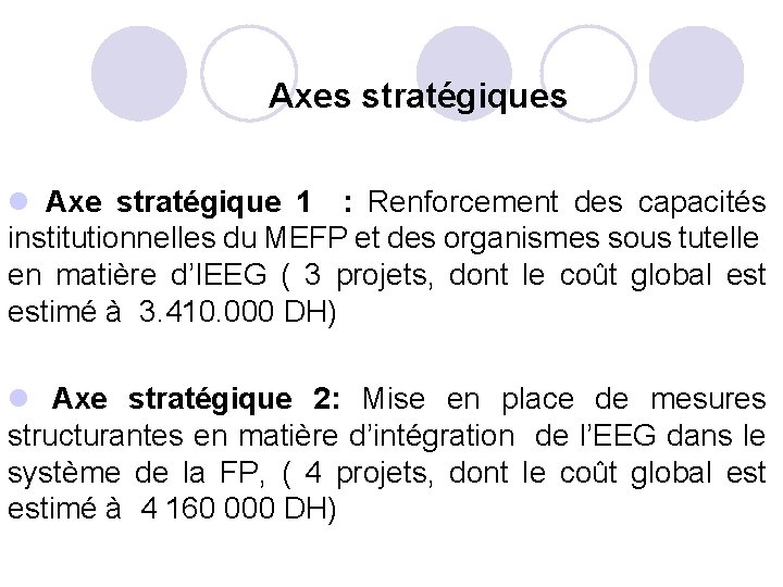 Axes stratégiques l Axe stratégique 1 : Renforcement des capacités institutionnelles du MEFP et