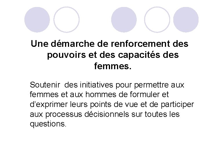 Une démarche de renforcement des pouvoirs et des capacités des femmes. Soutenir des initiatives