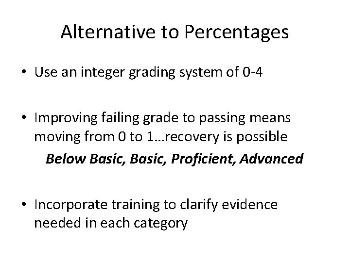 Alternative to Percentages • Use an integer grading system of 0 -4 • Improving