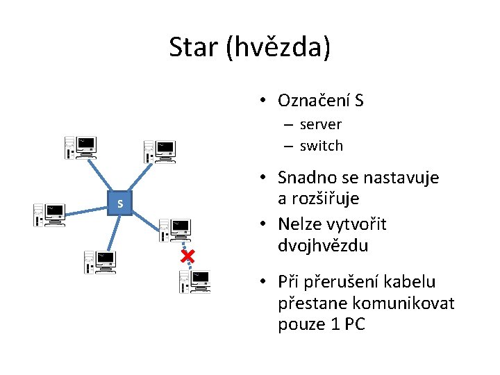 Star (hvězda) • Označení S – server – switch S • Snadno se nastavuje