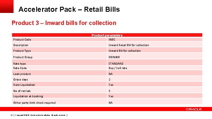 Accelerator Pack – Retail Bills Product 3 – Inward bills for collection Product parameters