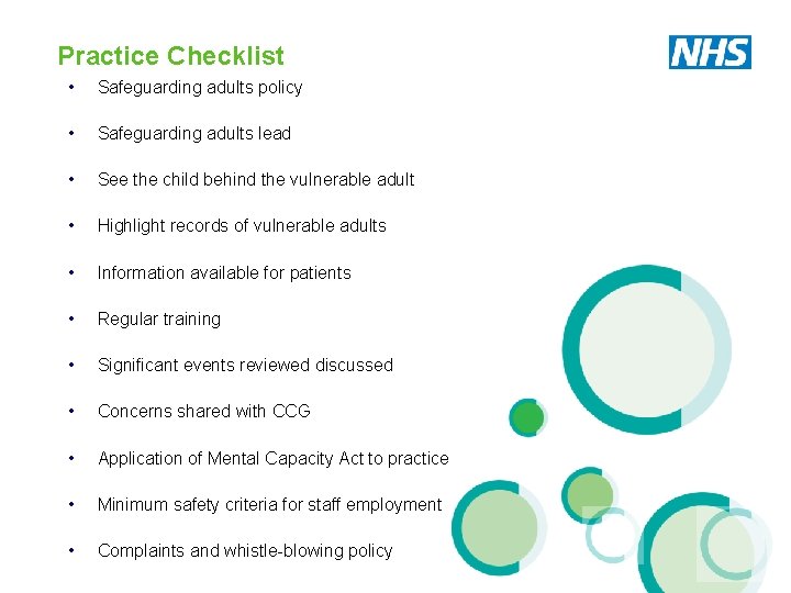 Practice Checklist • Safeguarding adults policy • Safeguarding adults lead • See the child Practice Checklist • Safeguarding adults policy • Safeguarding adults lead • See the child