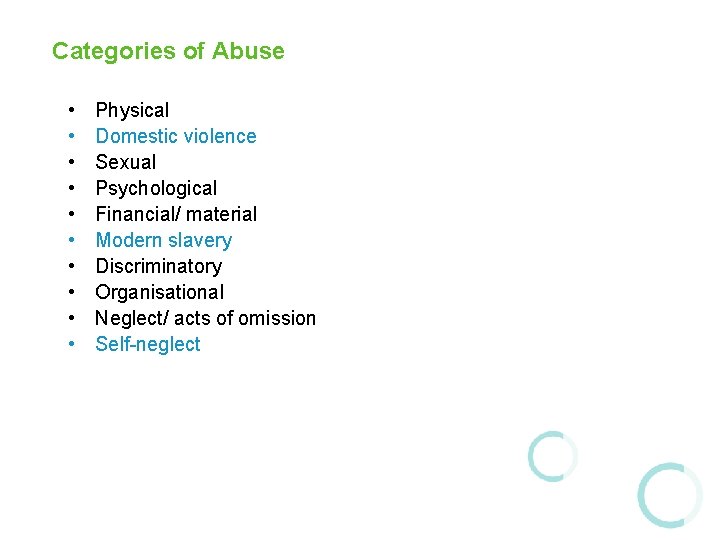 Categories of Abuse • • • Physical Domestic violence Sexual Psychological Financial/ material Modern Categories of Abuse • • • Physical Domestic violence Sexual Psychological Financial/ material Modern