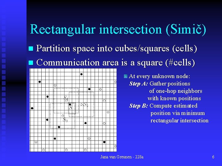 Rectangular intersection (Simič) Partition space into cubes/squares (cells) n Communication area is a square