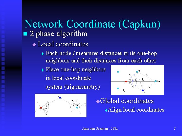 Network Coordinate (Capkun) n 2 phase algorithm u Local coordinates Each node j measures