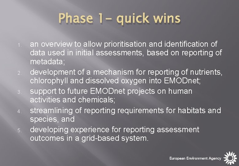 Phase 1 - quick wins 1. 2. 3. 4. 5. an overview to allow Phase 1 - quick wins 1. 2. 3. 4. 5. an overview to allow