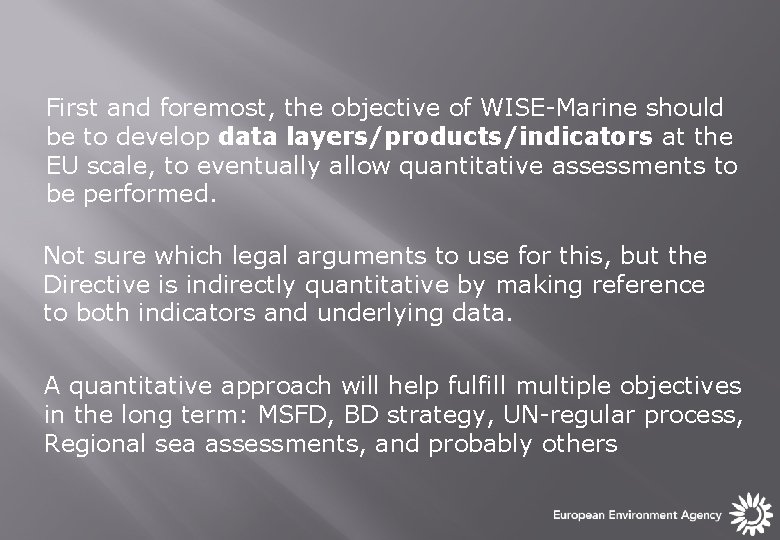 First and foremost, the objective of WISE-Marine should be to develop data layers/products/indicators at First and foremost, the objective of WISE-Marine should be to develop data layers/products/indicators at
