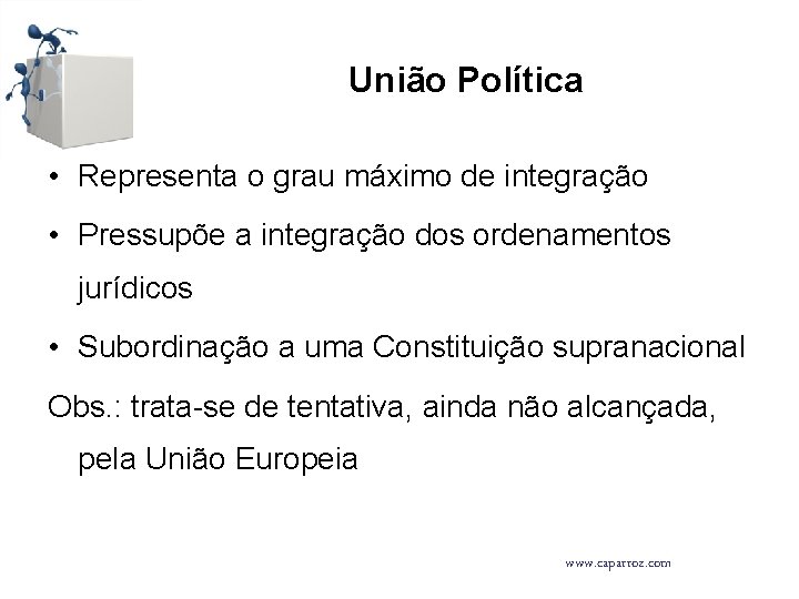 União Política • Representa o grau máximo de integração • Pressupõe a integração dos