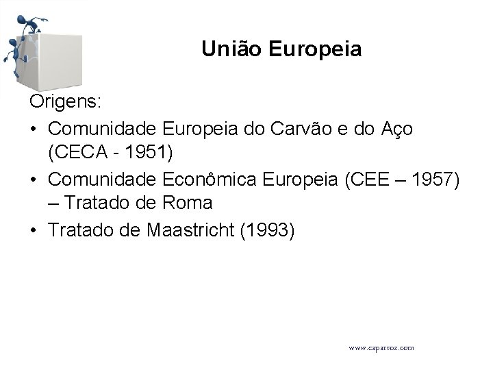 União Europeia Origens: • Comunidade Europeia do Carvão e do Aço (CECA - 1951)