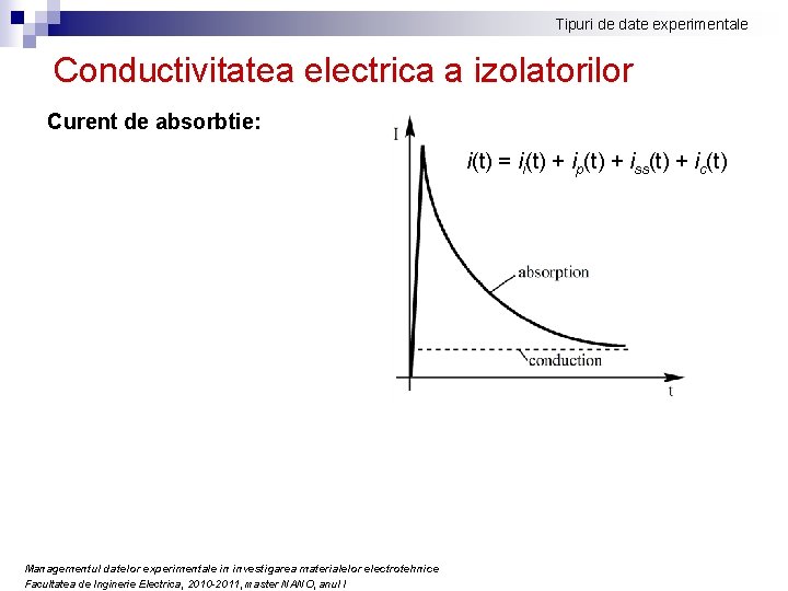 Tipuri de date experimentale Conductivitatea electrica a izolatorilor Curent de absorbtie: i(t) = ii(t) Tipuri de date experimentale Conductivitatea electrica a izolatorilor Curent de absorbtie: i(t) = ii(t)