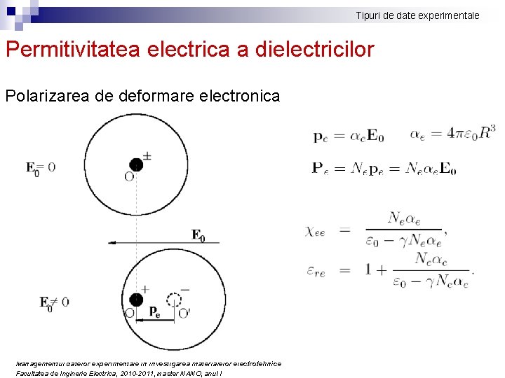 Tipuri de date experimentale Permitivitatea electrica a dielectricilor Polarizarea de deformare electronica Managementul datelor Tipuri de date experimentale Permitivitatea electrica a dielectricilor Polarizarea de deformare electronica Managementul datelor