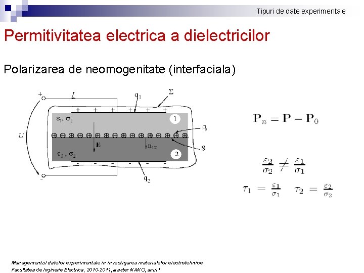 Tipuri de date experimentale Permitivitatea electrica a dielectricilor Polarizarea de neomogenitate (interfaciala) Managementul datelor Tipuri de date experimentale Permitivitatea electrica a dielectricilor Polarizarea de neomogenitate (interfaciala) Managementul datelor