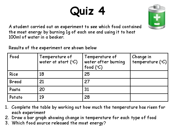 Quiz 4 A student carried out an experiment to see which food contained the