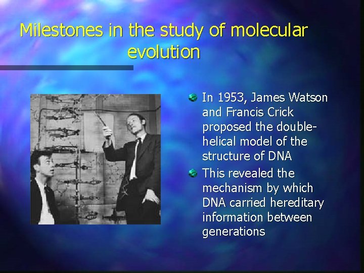 Milestones in the study of molecular evolution In 1953, James Watson and Francis Crick