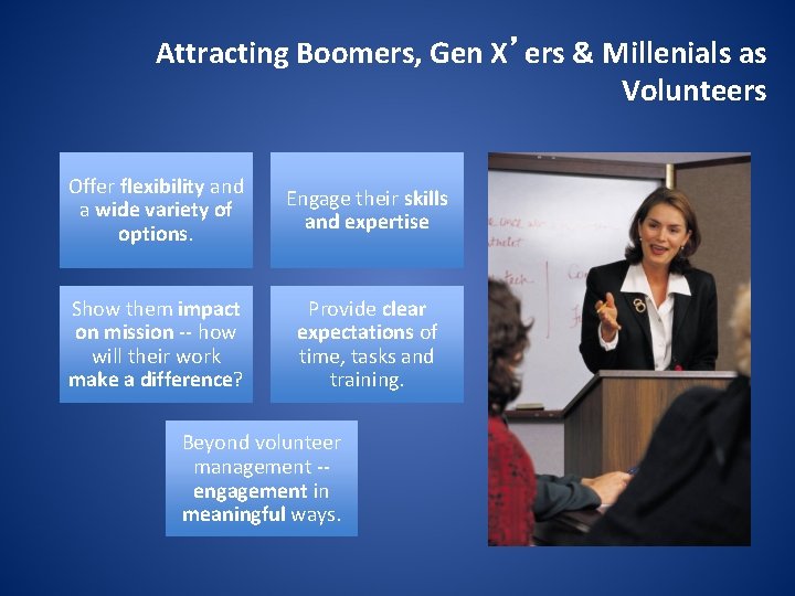 Attracting Boomers, Gen X’ers & Millenials as Volunteers Offer flexibility and a wide variety