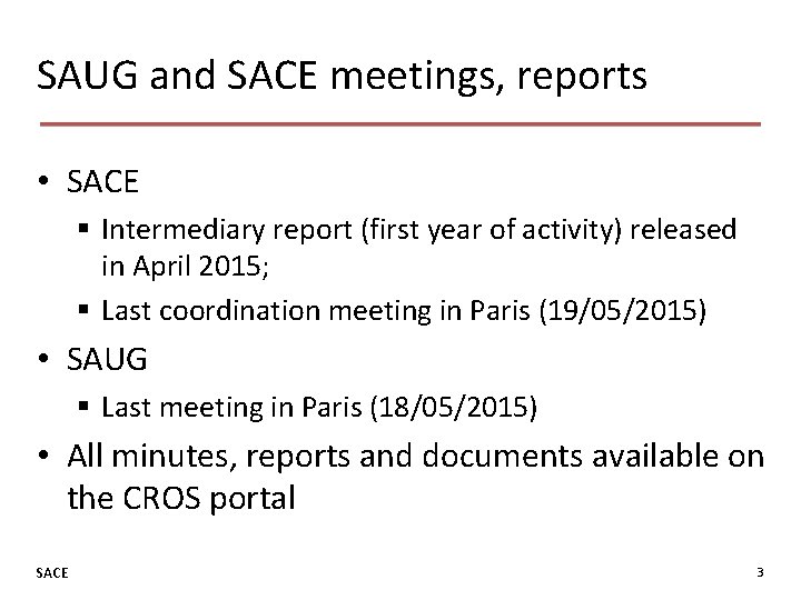 SAUG and SACE meetings, reports • SACE § Intermediary report (first year of activity)