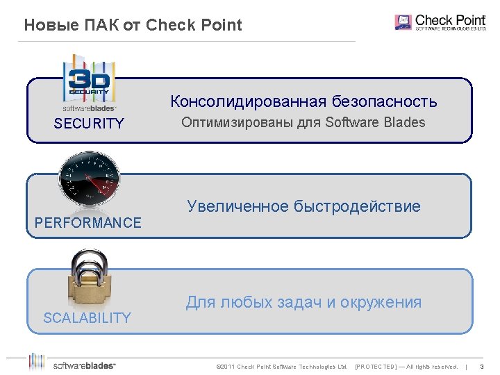 Новые ПАК от Check Point Консолидированная безопасность SECURITY PERFORMANCE SCALABILITY Оптимизированы для Software Blades