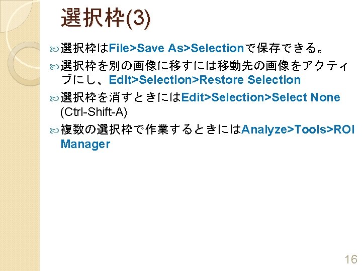 選択枠(3) As>Selectionで保存できる。 選択枠を別の画像に移すには移動先の画像をアクティ ブにし、Edit>Selection>Restore Selection 選択枠を消すときにはEdit>Selection>Select None (Ctrl-Shift-A) 複数の選択枠で作業するときにはAnalyze>Tools>ROI Manager 選択枠はFile>Save 16 