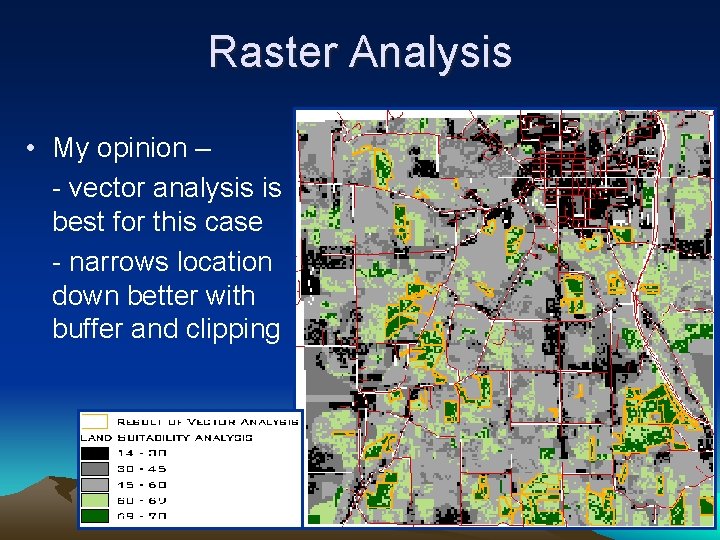 Raster Analysis • My opinion – - vector analysis is best for this case