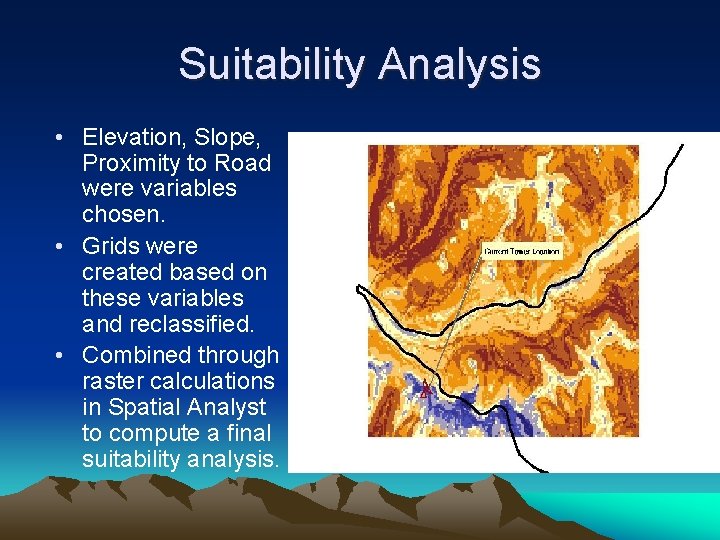 Suitability Analysis • Elevation, Slope, Proximity to Road were variables chosen. • Grids were