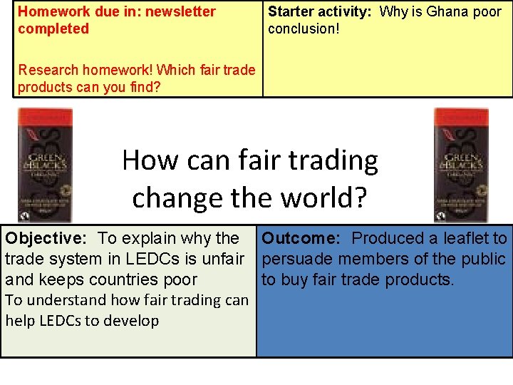 Homework due in: newsletter completed Starter activity: Why is Ghana poor conclusion! Research homework!