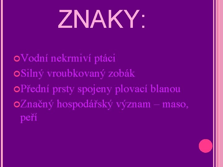 ZNAKY: Vodní nekrmiví ptáci Silný vroubkovaný zobák Přední prsty spojeny plovací blanou Značný hospodářský
