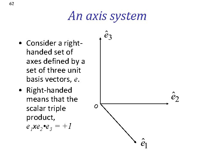 62 An axis system • Consider a righthanded set of axes defined by a