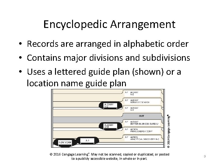 Encyclopedic Arrangement © 2016 Cengage Learning ® • Records are arranged in alphabetic order