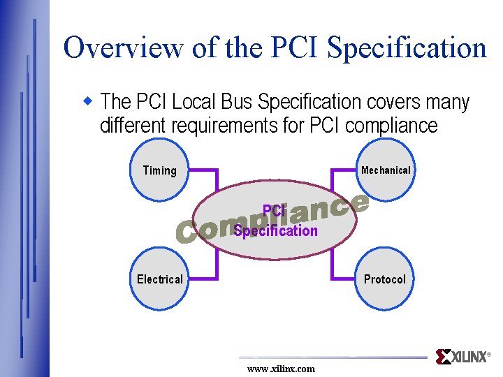 Overview of the PCI Specification w The PCI Local Bus Specification covers many different