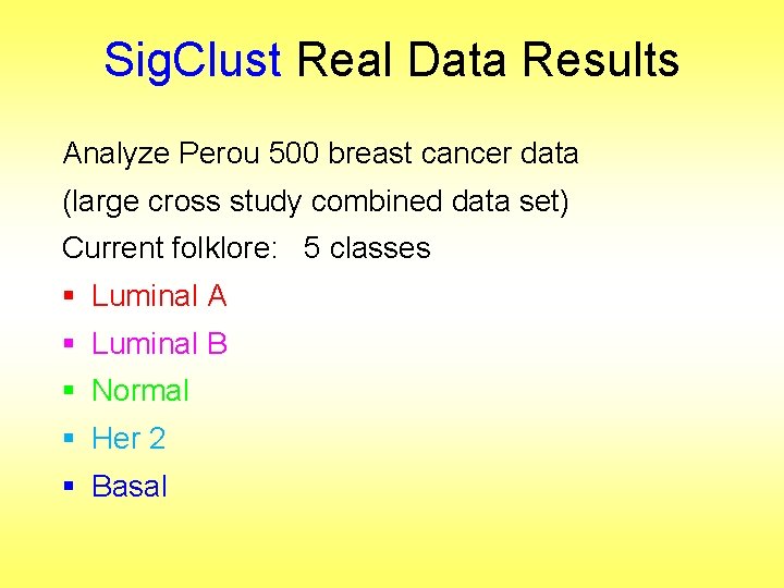 Sig. Clust Real Data Results Analyze Perou 500 breast cancer data (large cross study