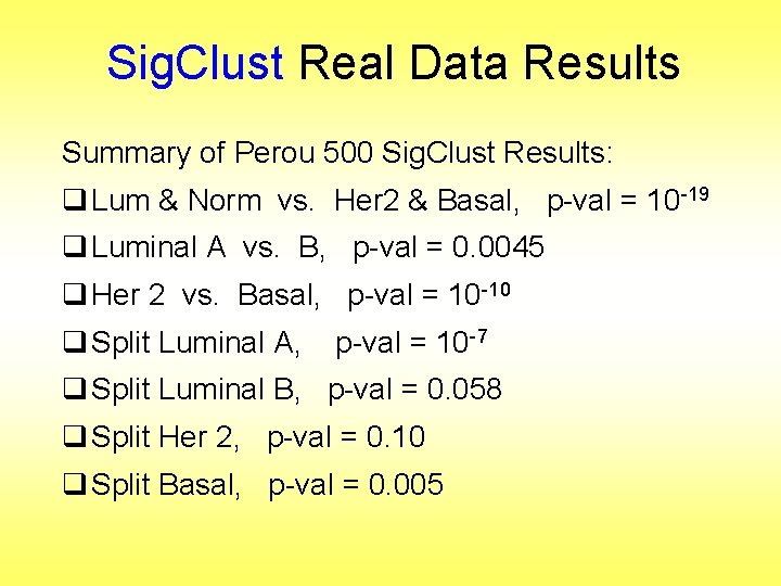 Sig. Clust Real Data Results Summary of Perou 500 Sig. Clust Results: q Lum