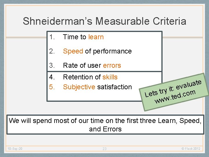 Shneiderman’s Measurable Criteria 1. Time to learn 2. Speed of performance 3. Rate of