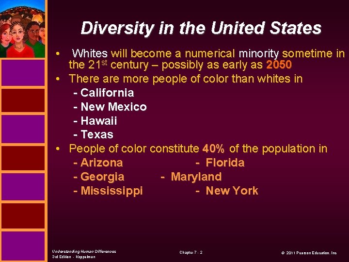 Diversity in the United States • Whites will become a numerical minority sometime in