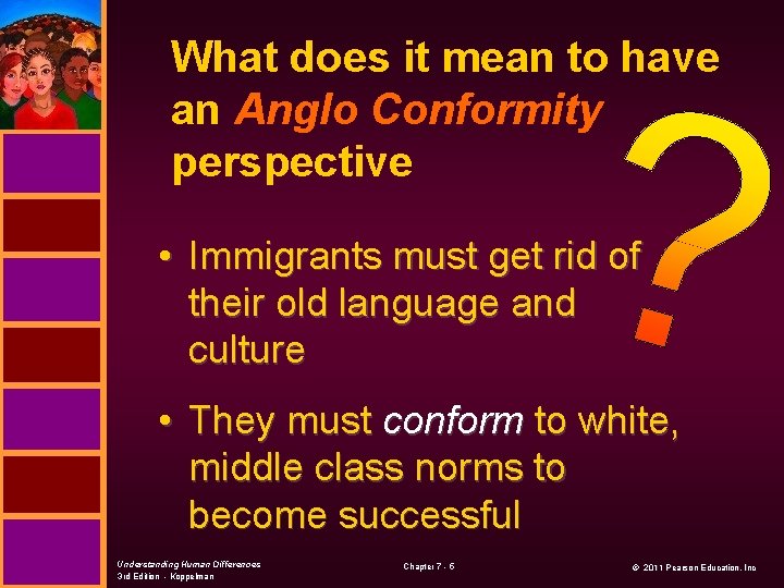 What does it mean to have an Anglo Conformity perspective • Immigrants must get