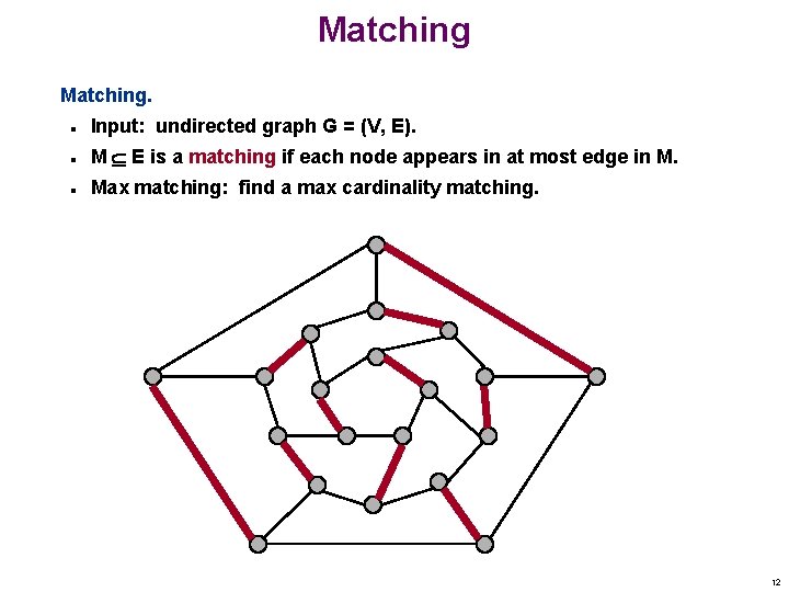 Matching. n Input: undirected graph G = (V, E). n M E is a