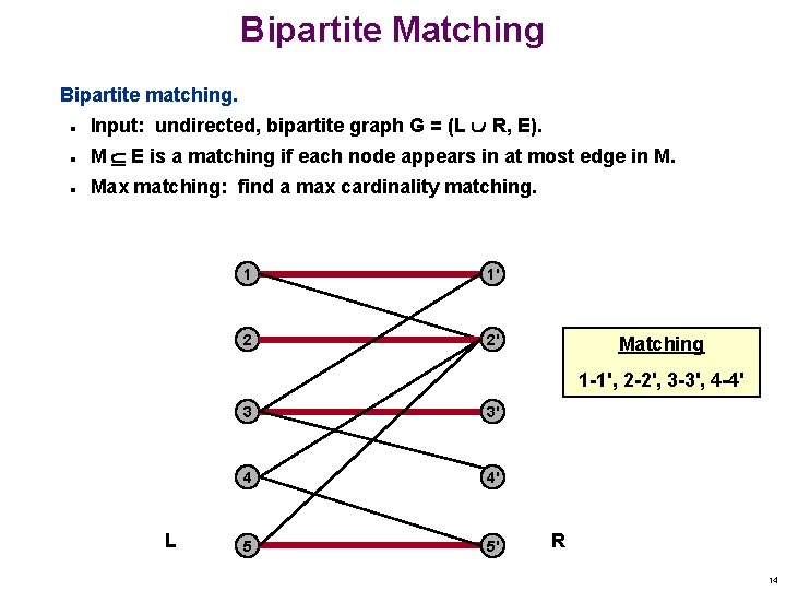 Bipartite Matching Bipartite matching. n Input: undirected, bipartite graph G = (L R, E).